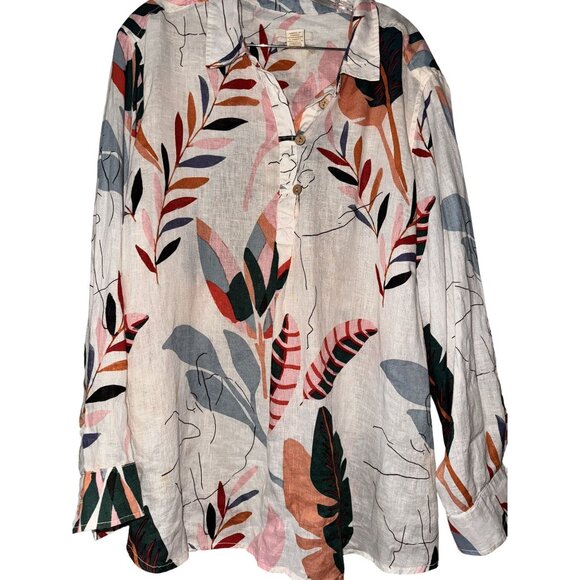 3X Cynthia Rowley Womens Floral Patterned 100% Linen Button-Front Collared Shirt - Picture 3 of 8